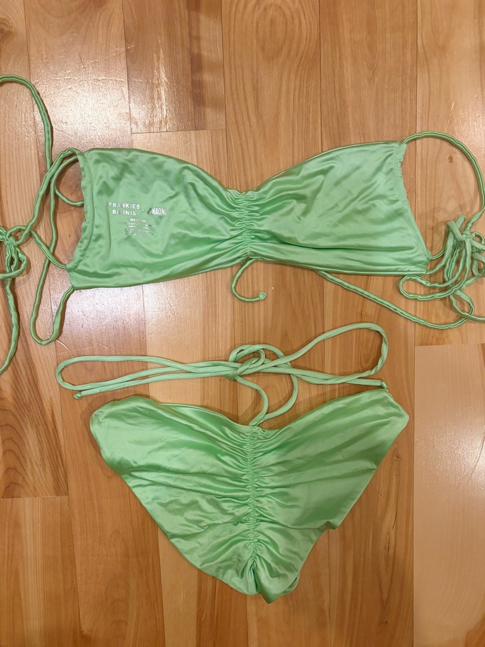Frankies Bikinis Foxy Satin Bikini Swimsuit Top and Bottom in Honeydew Green - Picture 3 of 7